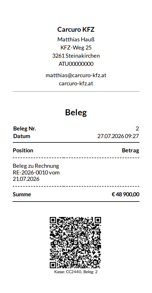 Beispiel eines Kassenbelegs mit Registrierkassen-Signatur